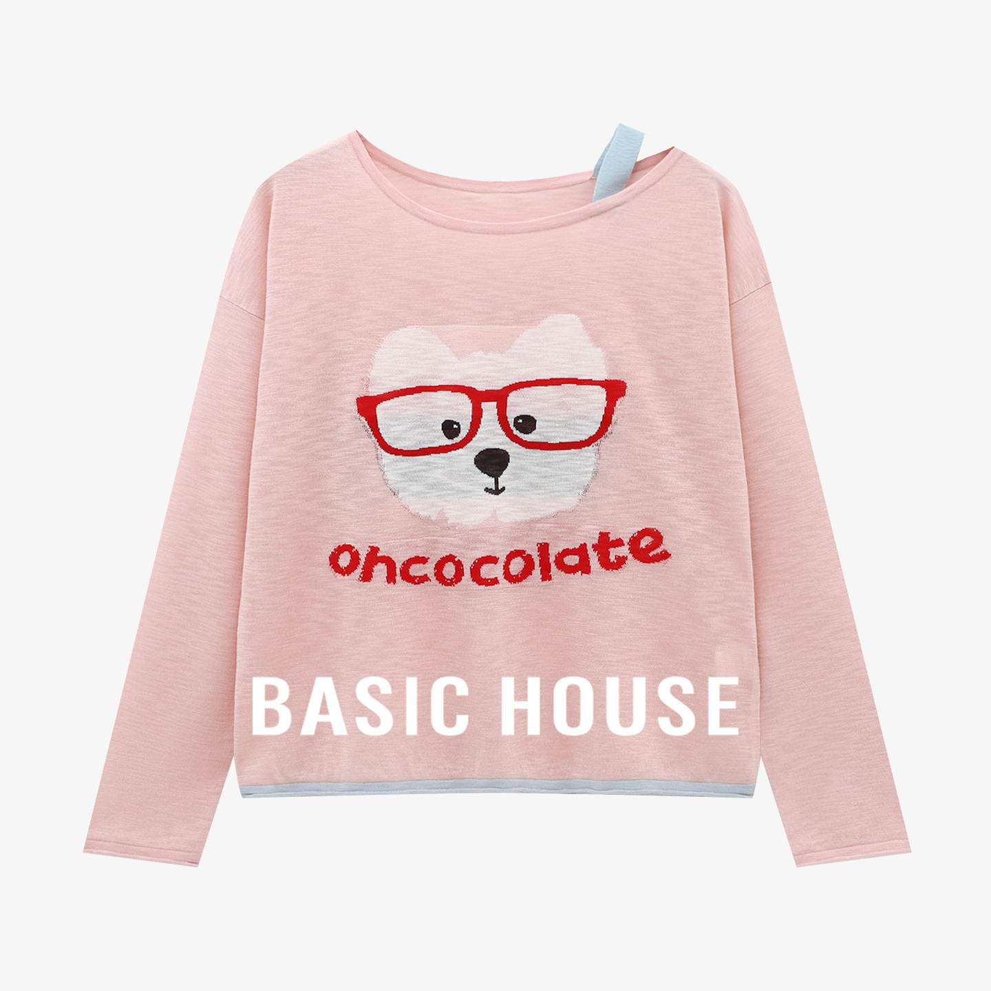 Basic House/百家好斜肩卡通提花撞色针织衫舒适肌理感长袖上衣女