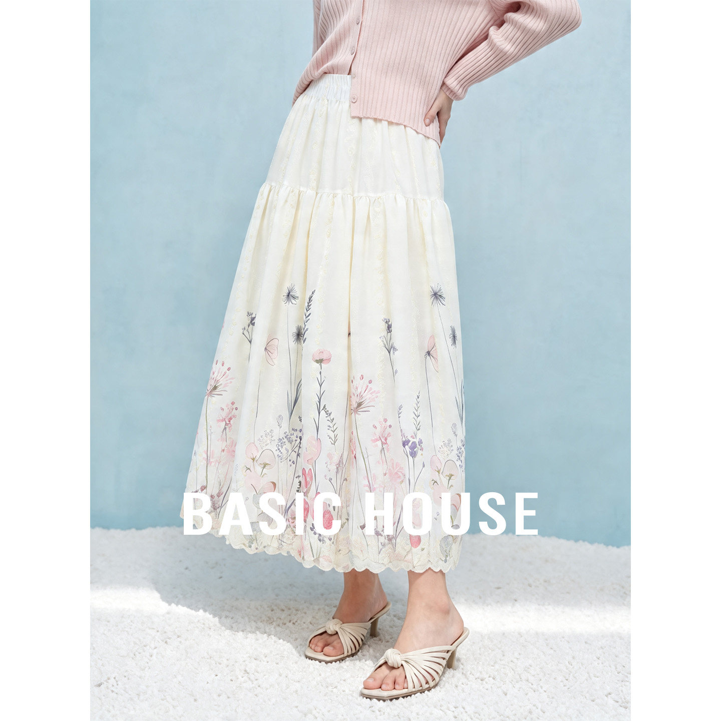 Basic House/百家好26夏季新款植物印花设计感半身裙女百搭中长裙