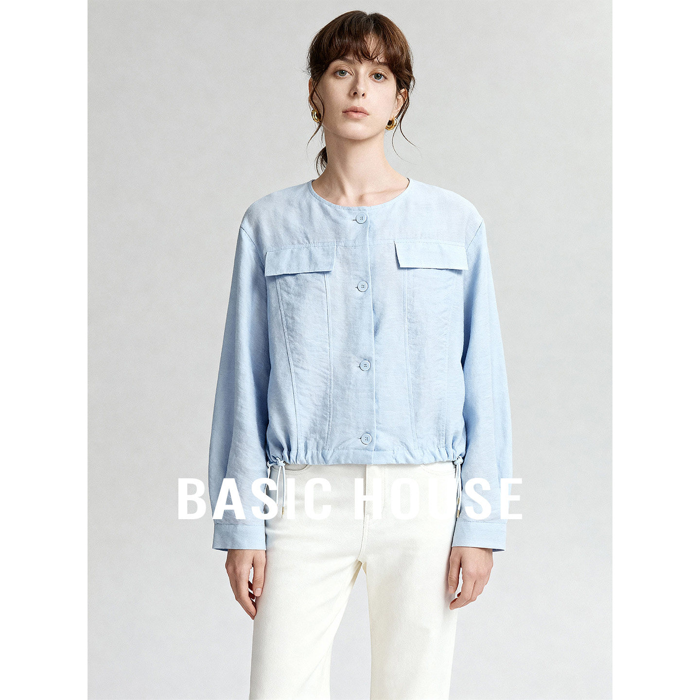 Basic House/百家好圆领下摆抽绳设计衬衫女26秋季新款蓝色上衣