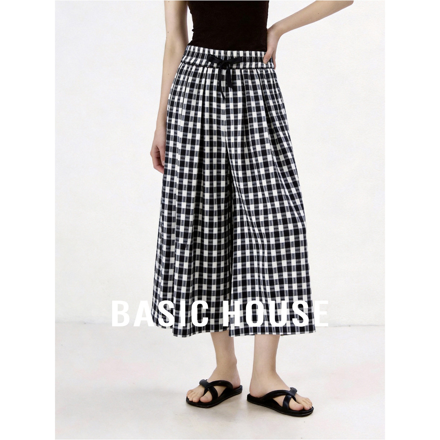 Basic House/百家好黑白格显瘦阔腿裤女夏季复古中长款高腰裙裤