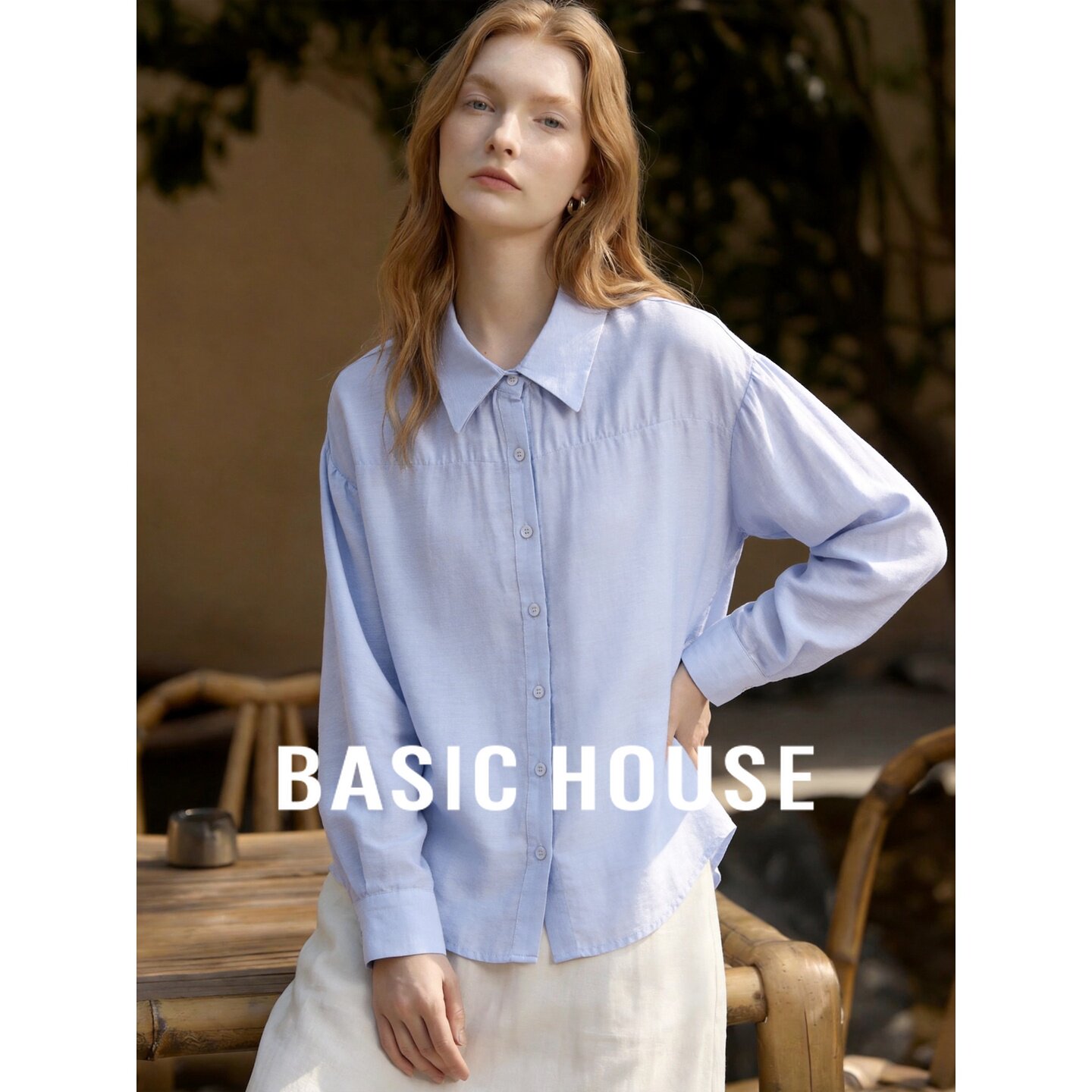 Basic House/百家好羊毛莱赛尔翻领灯笼袖衬衫女宽松压褶弧形下摆