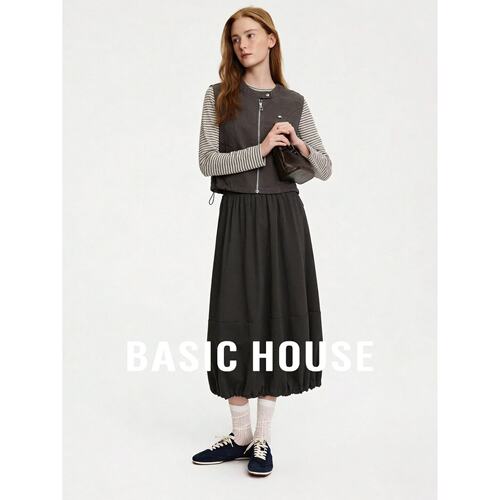 Basic House/百家好法式复古条纹针织衫军绿色马甲半裙三件套套装