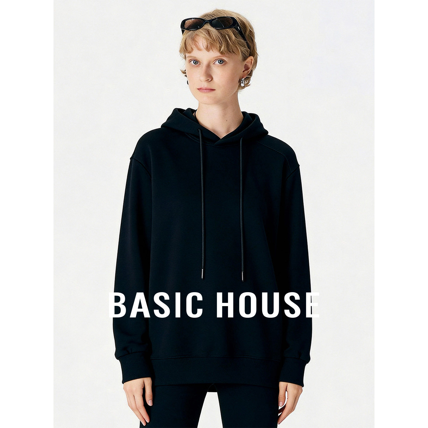 Basic House/百家好黑色连帽基础简约卫衣女秋季宽松百搭休闲上衣