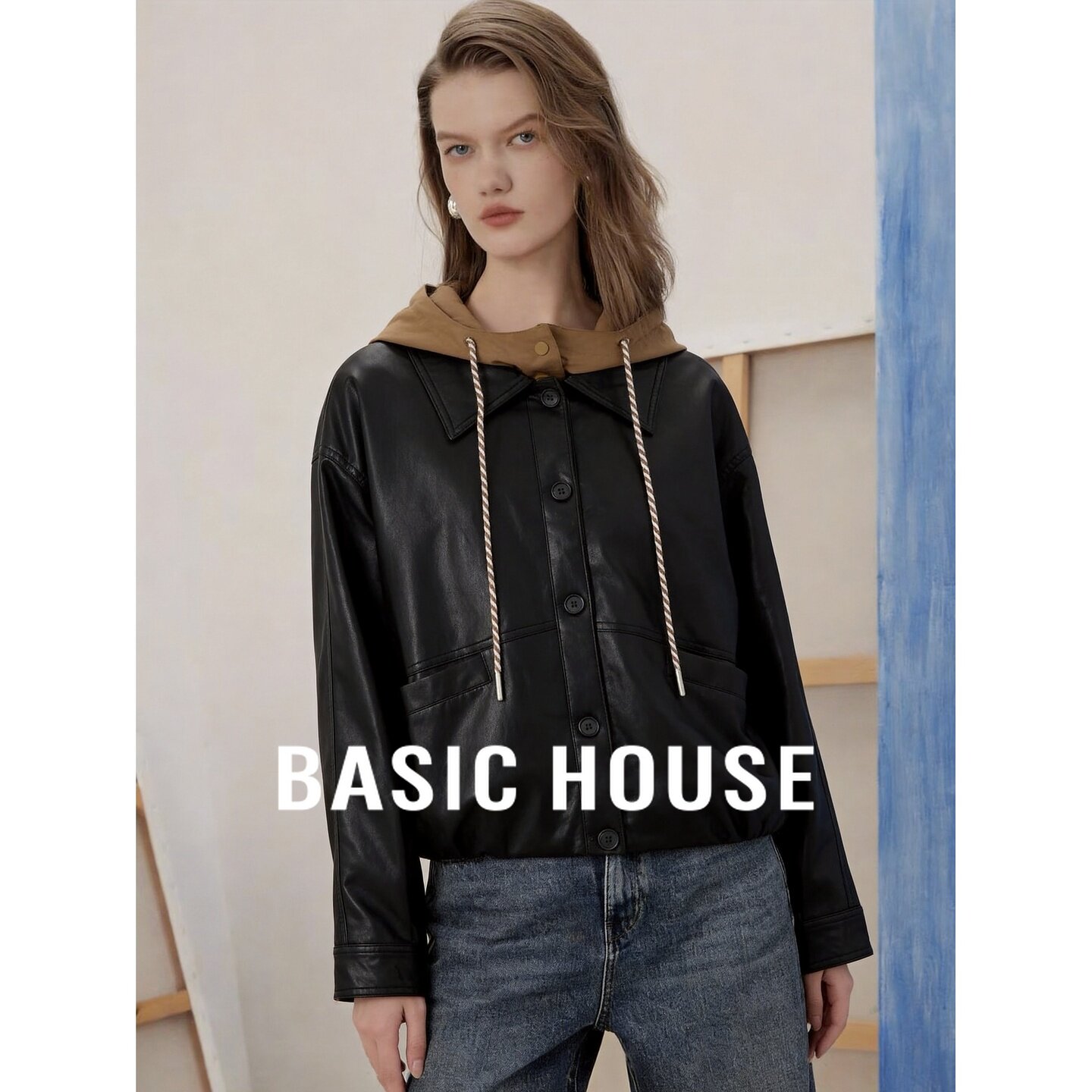 Basic House/百家好假两件连帽拼接短款皮衣女宽松小个子夹克外套
