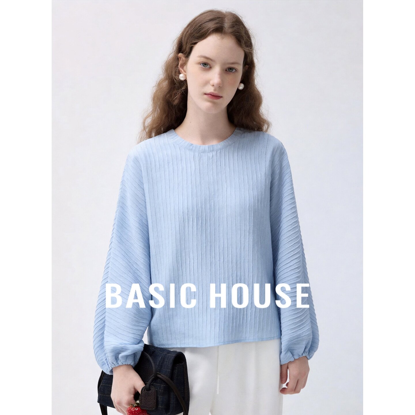 Basic House/百家好2026秋季蓝色圆领绑带宽松韩式女长袖新款衬衫