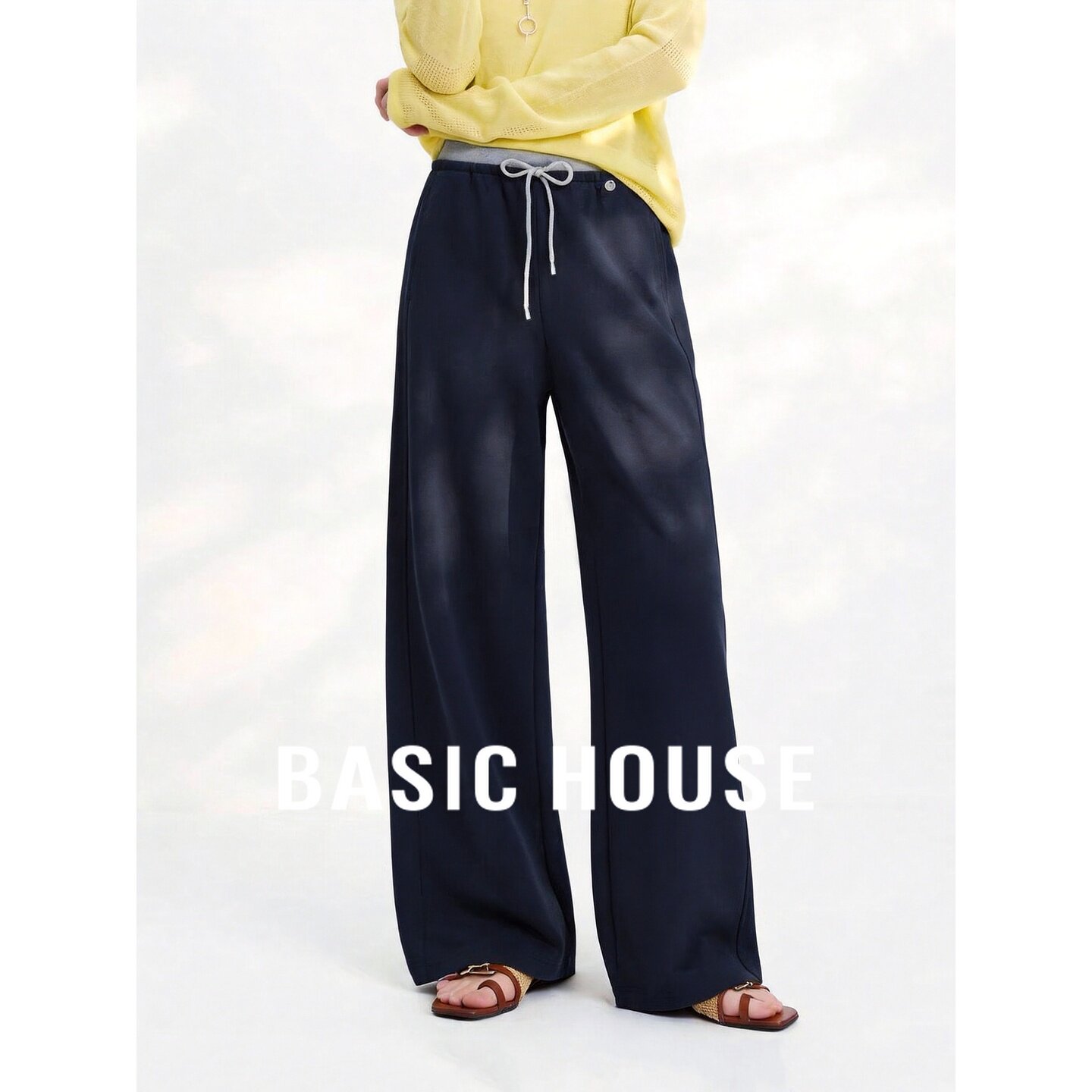 Basic House/百家好新款系带休闲裤女宽松垂感卫裤藏蓝色直筒百搭