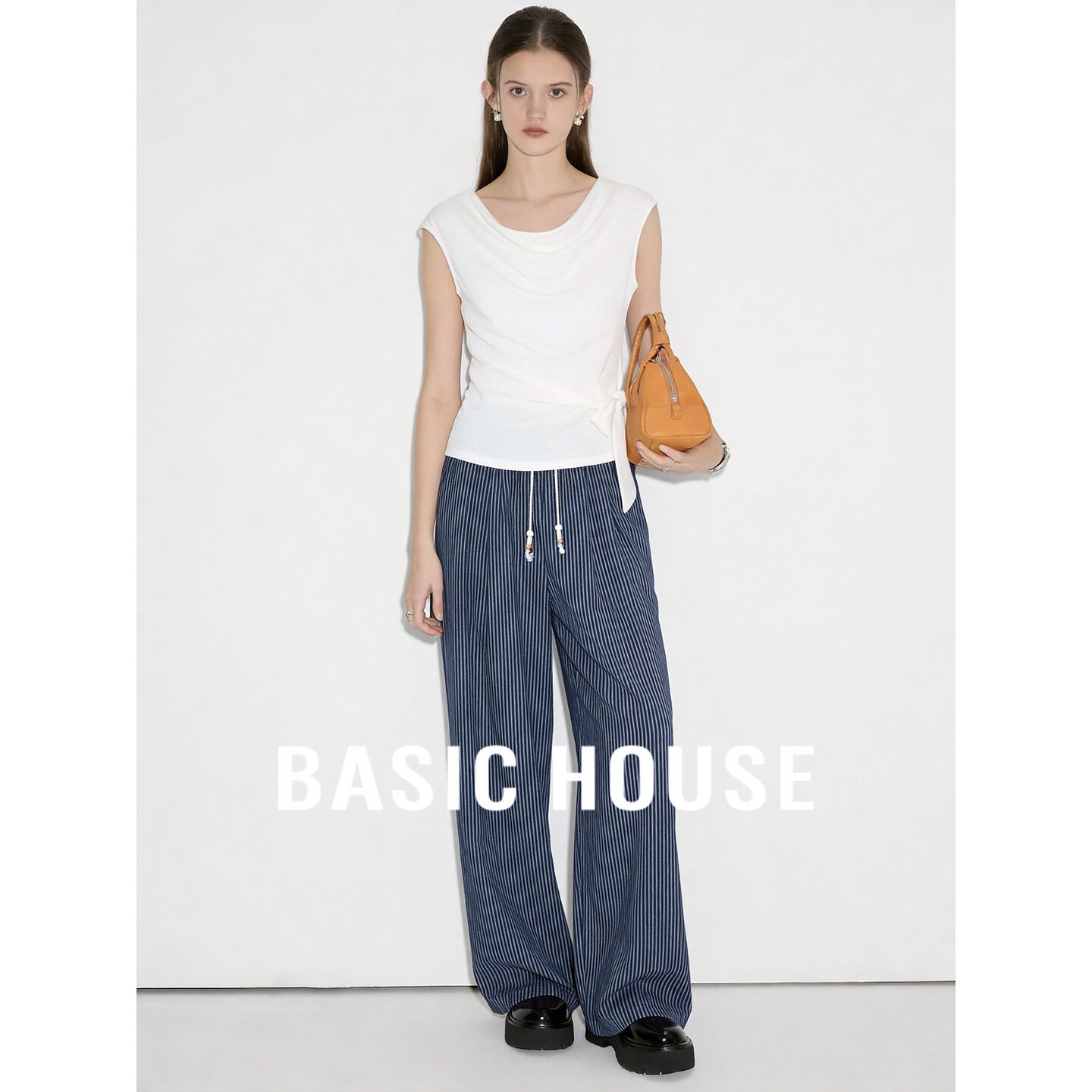 Basic House/百家好简约气质无袖上衣条纹阔腿裤女夏休闲两件套装