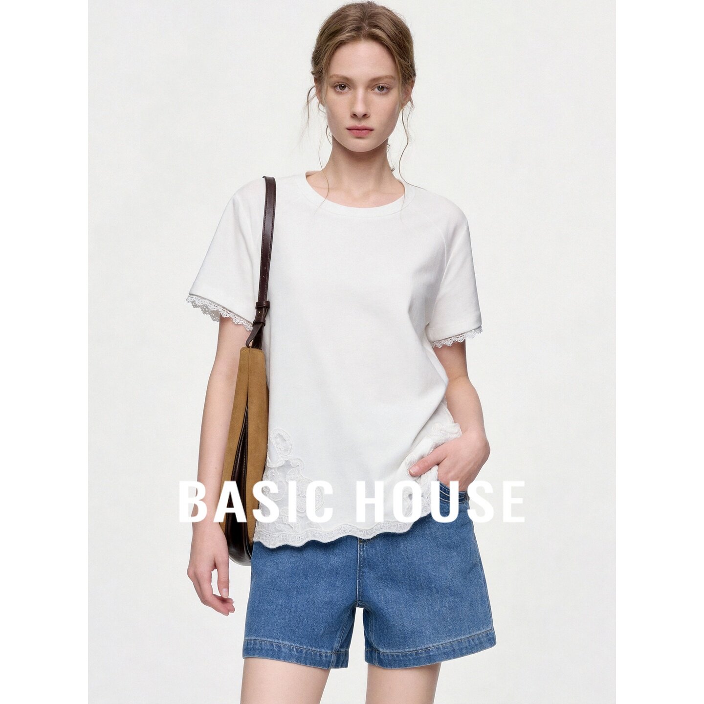 Basic House/百家好法式白色短袖T恤女含棉蕾丝边基础百搭上衣