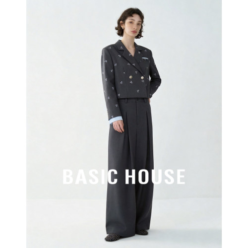 Basic House/百家好优雅风刺绣西装套装女秋通勤气质阔腿裤两件套