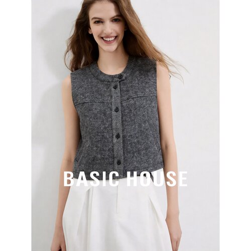 Basic House/百家好复古灰色针织无袖马甲女秋季法式叠穿开衫背心