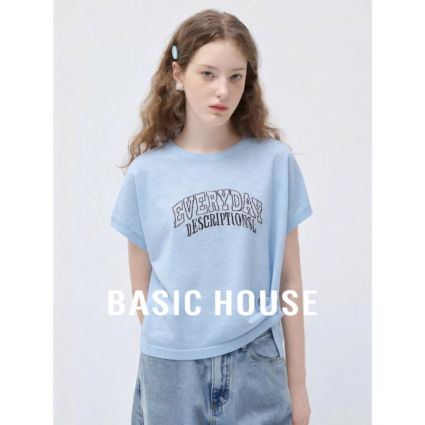 Basic House/百家好韩系清新蓝色印花短袖宽松显瘦休闲百搭T恤女