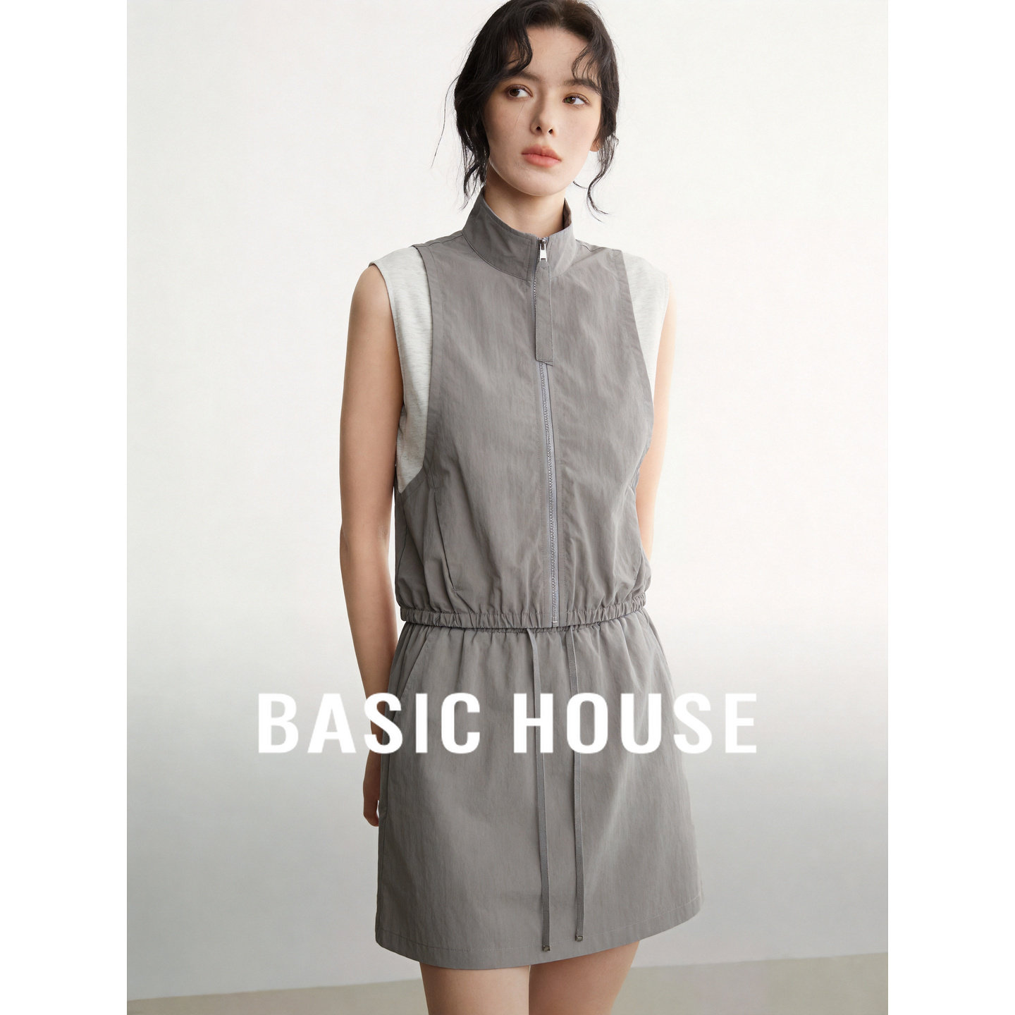 Basic House/百家好工装风无袖立领短袖两件套女夏季收腰显瘦套装