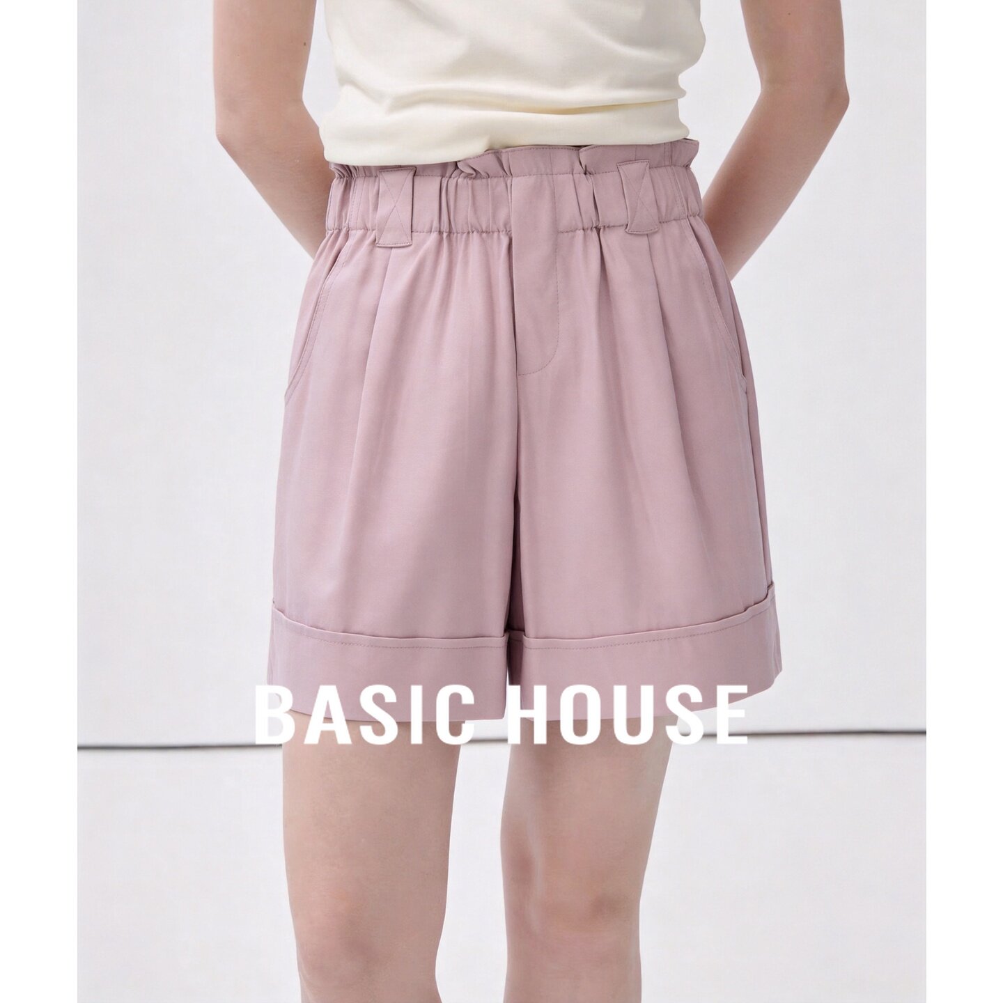 Basic House/百家好高腰卷边宽松短裤女夏季休闲裤松紧腰带五分裤