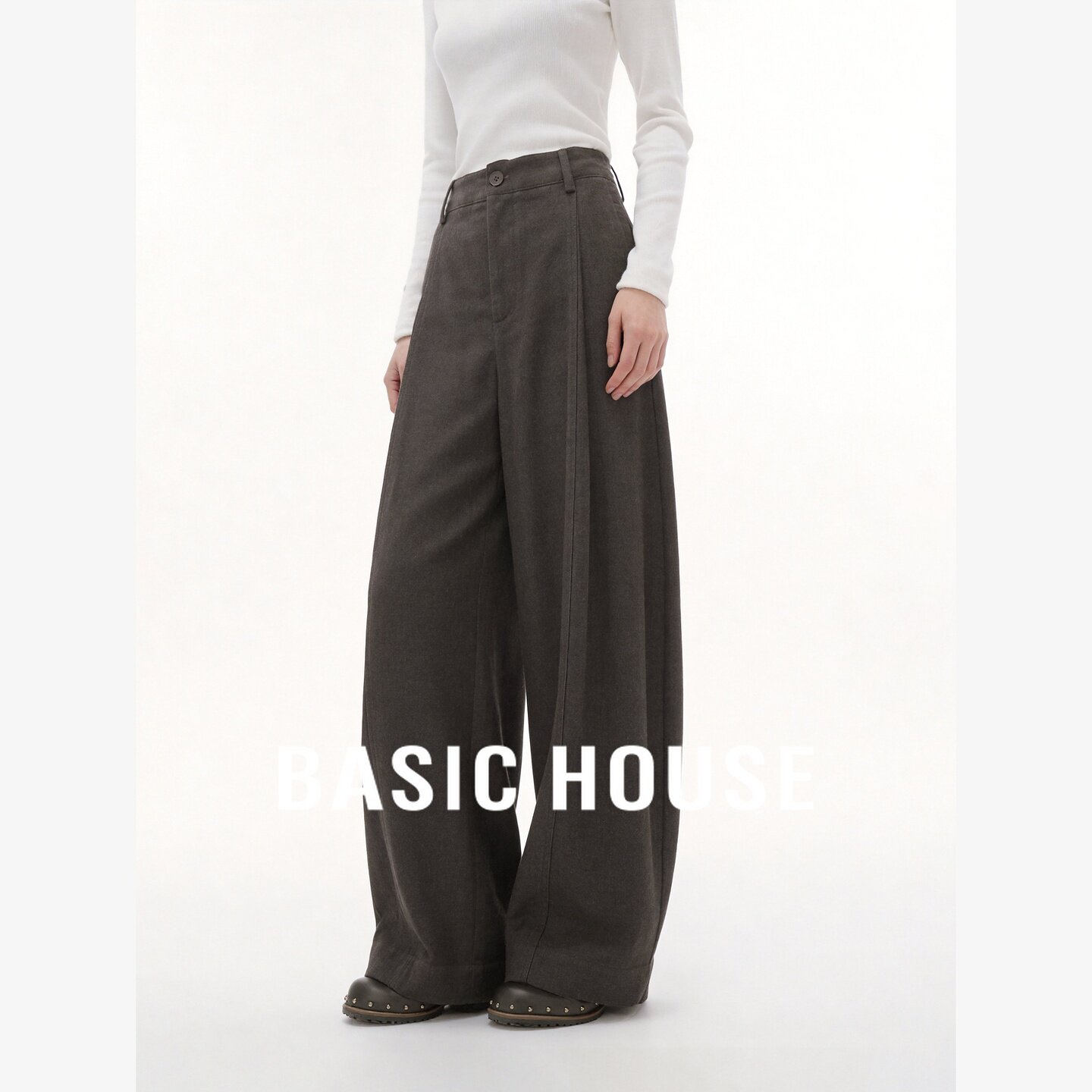 Basic House/百家好老钱风高腰褶皱阔腿裤女宽松简约垂感休闲裤
