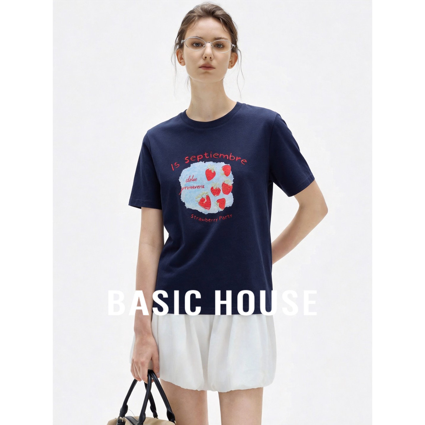 Basic House/百家好百家好水果印花短袖T恤女夏季藏蓝色休闲上衣