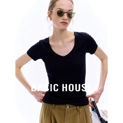 Basic House/百家好V领正肩内搭短袖上衣2026新款极简纯色打底T恤