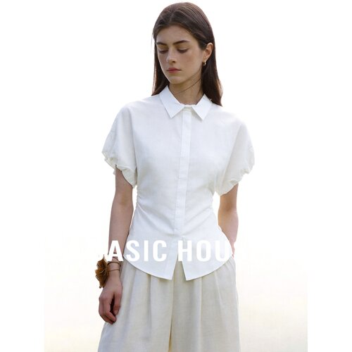 Basic House/百家好百搭白色泡泡袖上衣女收腰显瘦设计感通勤衬衫