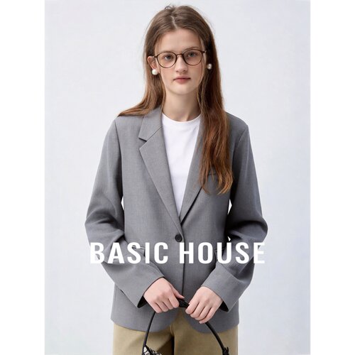 Basic House/百家好简约灰色西装外套女长袖翻领单扣通勤百搭上衣