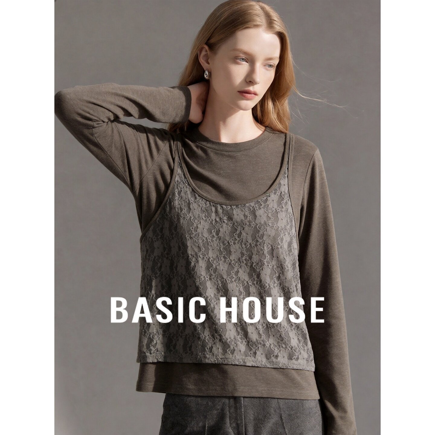 Basic House/百家好韩系假两件蕾丝吊带长袖T恤女棉麻显瘦上衣