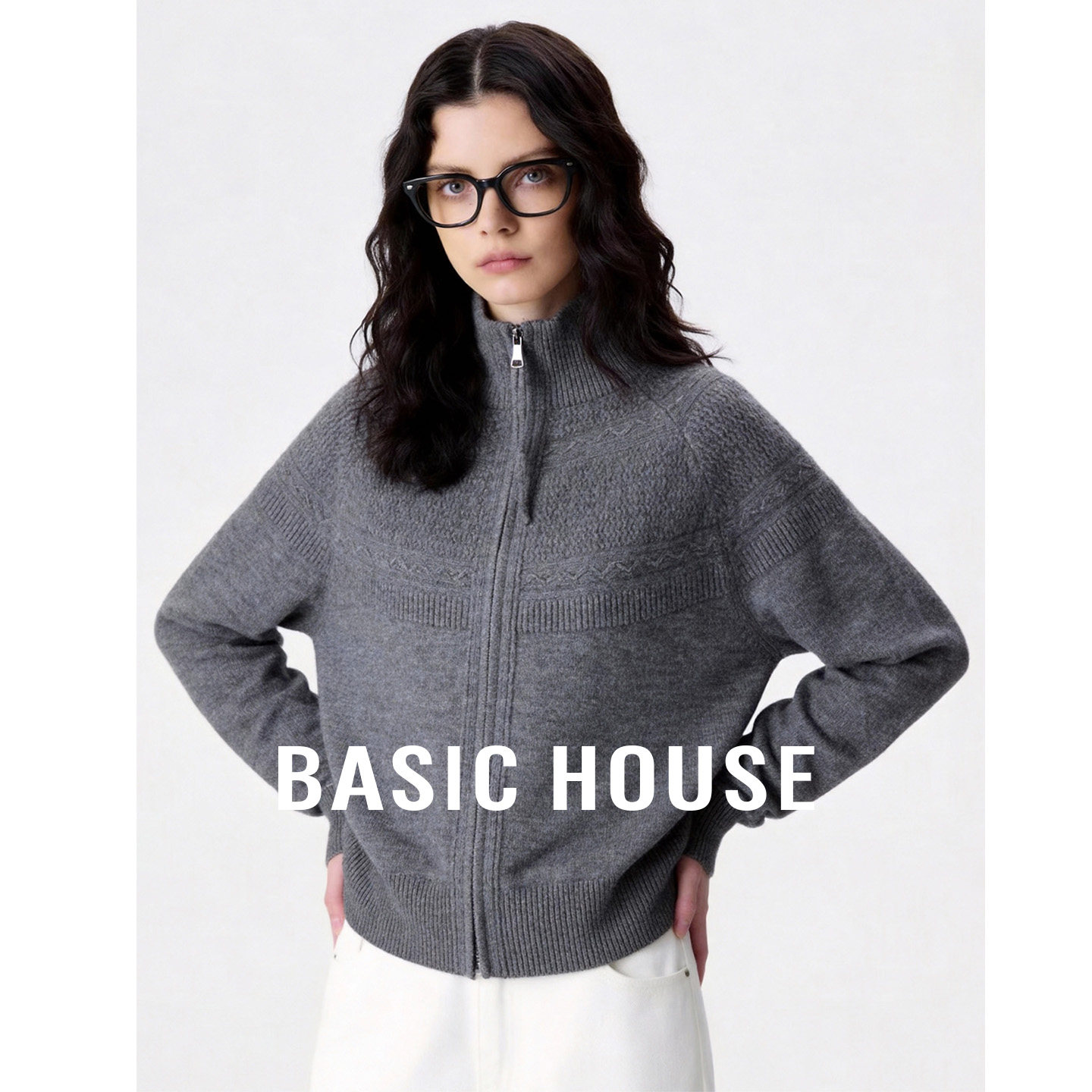 Basic House/百家好灰色拉链针织开衫女秋季新款宽松立领毛衣外套