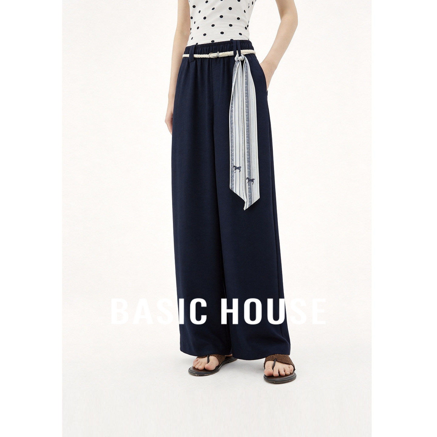 Basic House/百家好高腰绑带阔腿裤女夏蓝色宽松显瘦设计感休闲裤