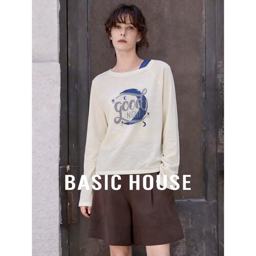 Basic House/百家好休闲风字母印花针织衫女米白圆领宽松长袖上衣