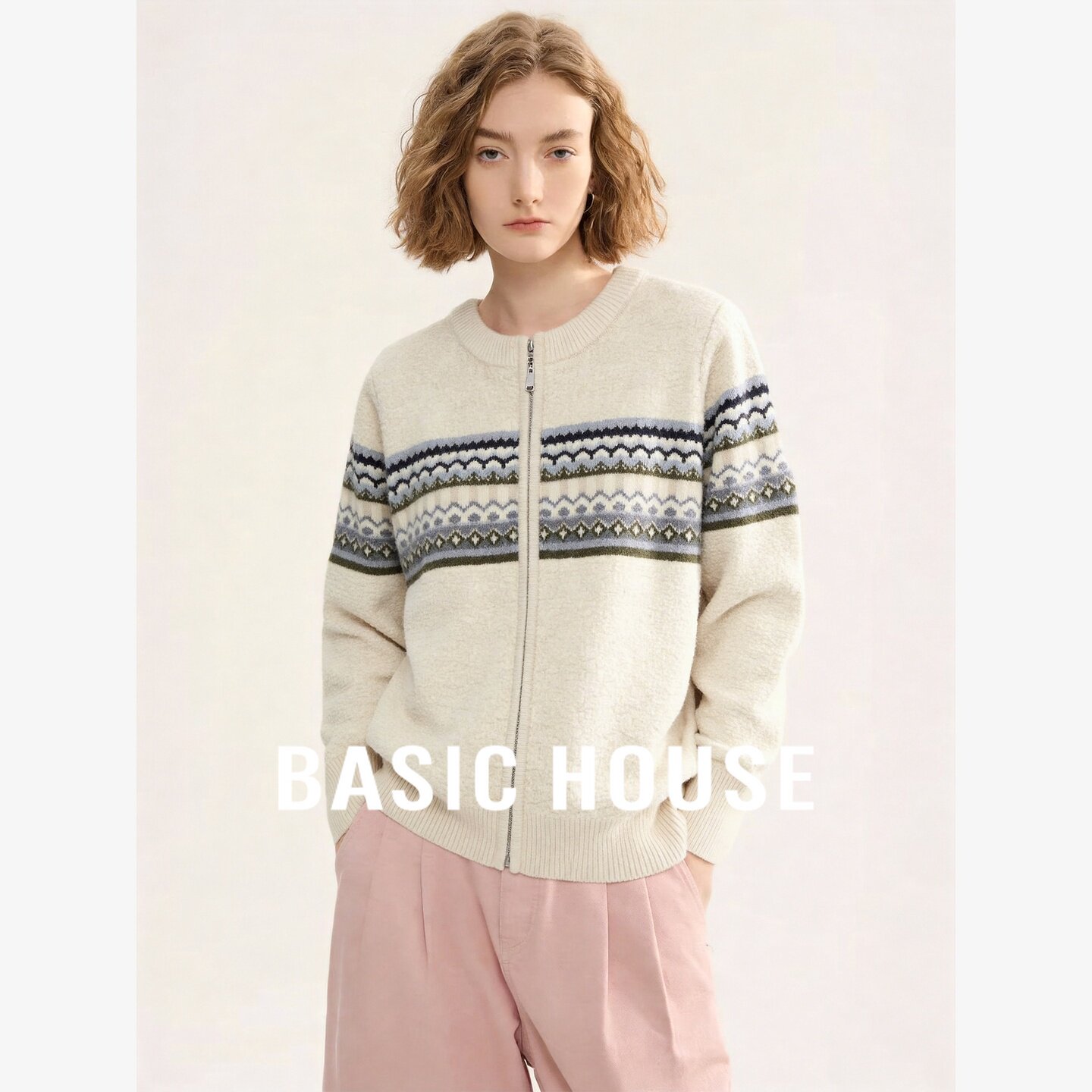 Basic House/百家好费尔岛风条纹拉链针织开衫女圆领百搭毛衣外套