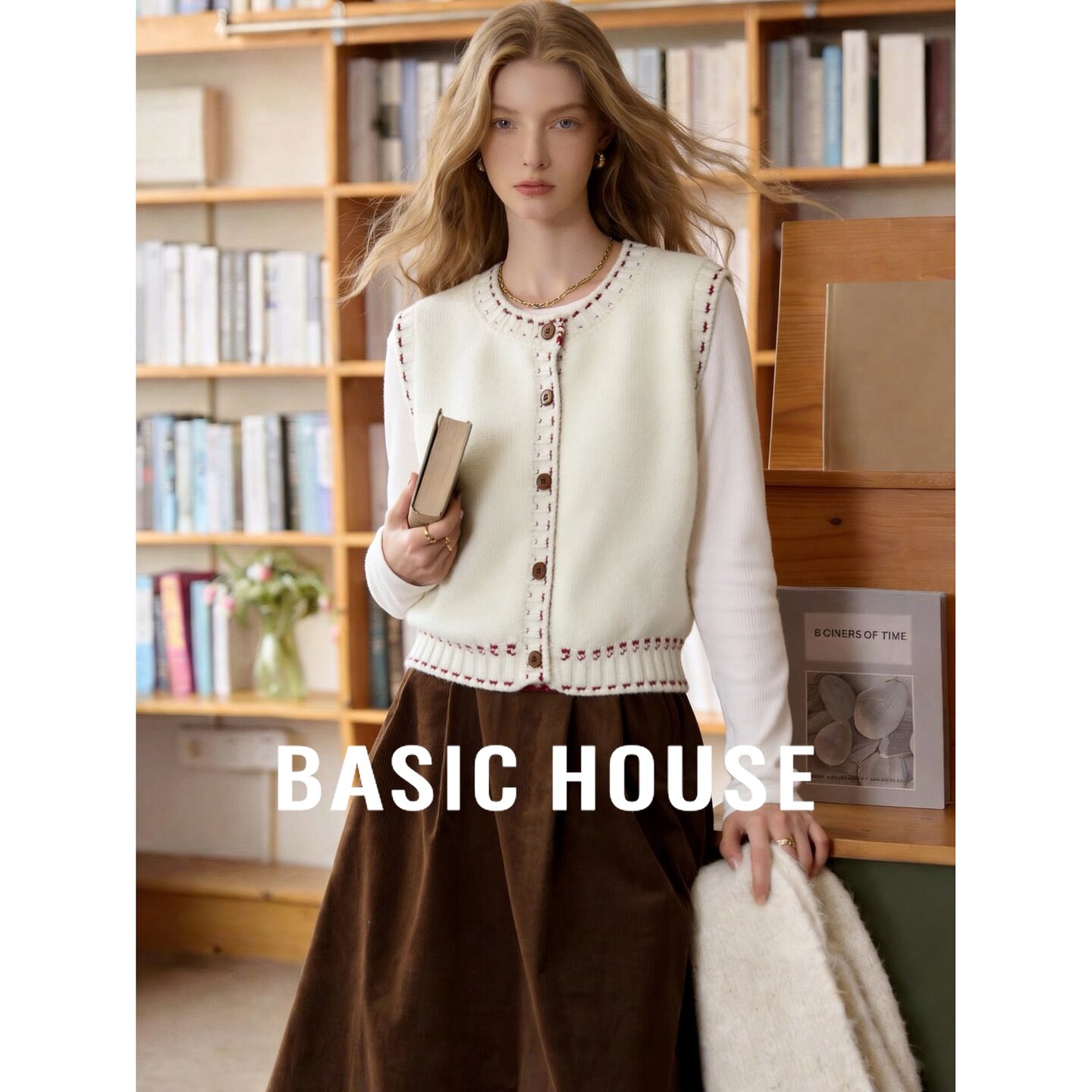Basic House/百家好学院风圆领针织马甲女开衫明线装饰百搭马甲