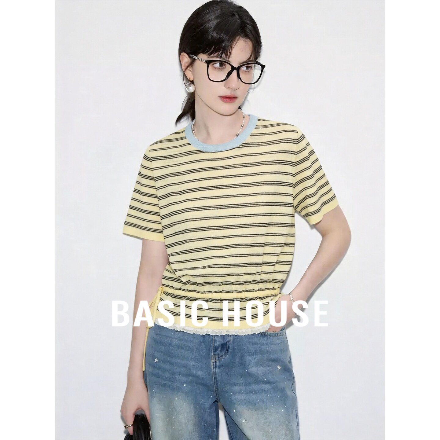 Basic House/百家好撞色条纹短袖针织衫女2026夏新款收腰显瘦上衣
