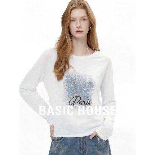 Basic House/百家好设计感蝴蝶印花长袖针织衫女圆领宽松百搭上衣