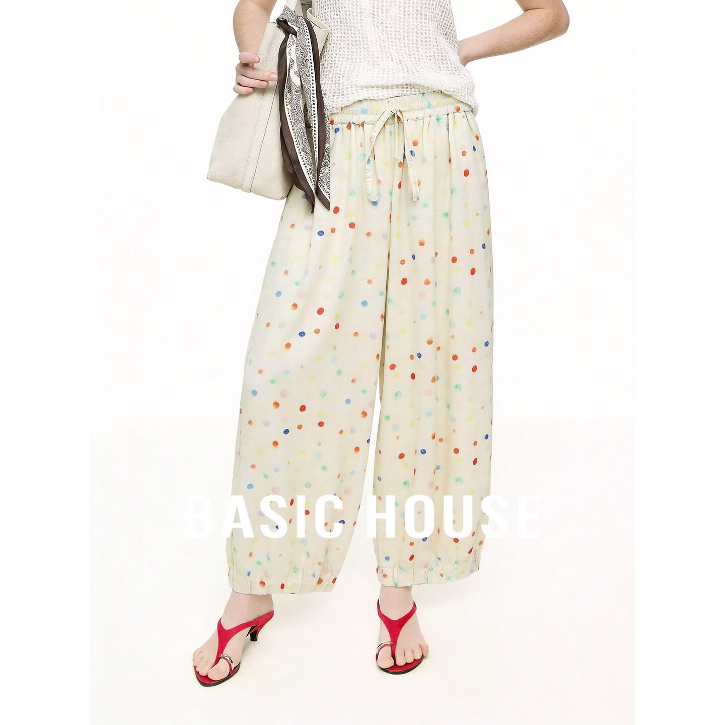 Basic House/百家好米色彩色波点休闲裤女夏薄款抽绳阔腿裤慵懒风