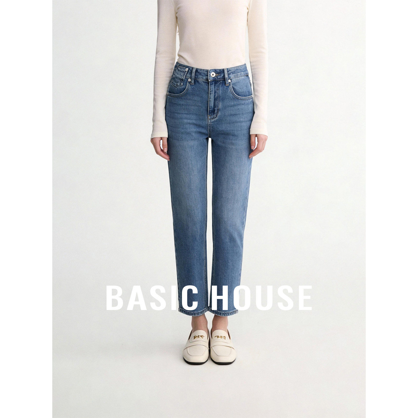 Basic House/百家好高腰纯色直筒裤女秋季新款休闲百搭九分牛仔裤