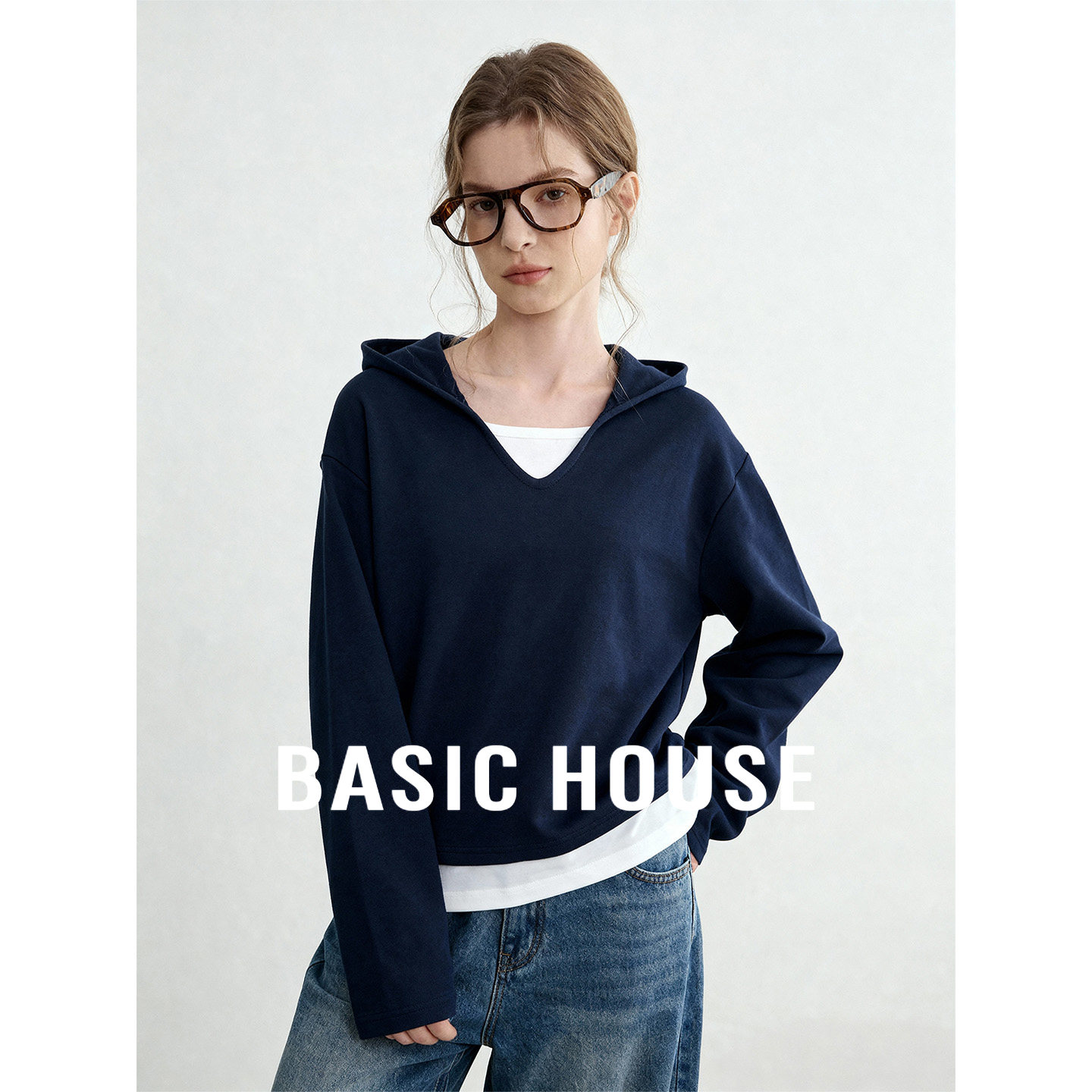 Basic House/百家好连帽长袖T恤女士新款假两件宽松休闲松弛上衣