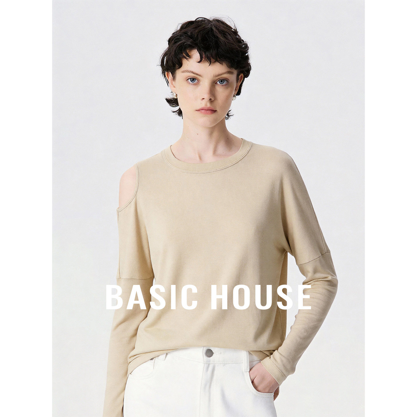Basic House/百家好纯色露肩长袖T恤春季新款宽松莱赛尔内搭打底