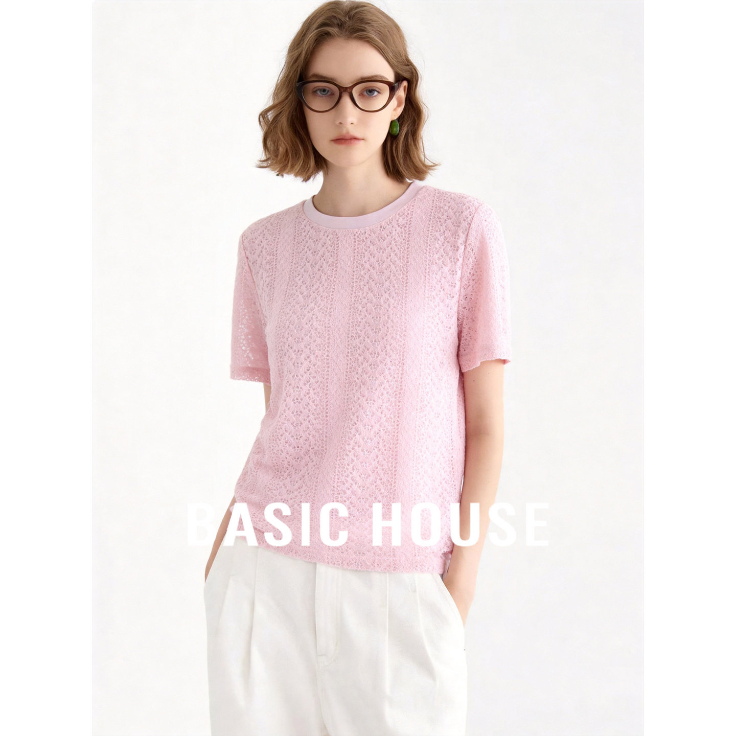 Basic House/百家好粉色圆领肌理感短袖温柔气质圆领百搭T恤夏季