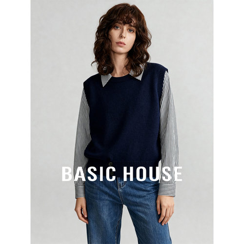 Basic House/百家好早春新款假两件百搭毛衣女保暖简约上衣内搭