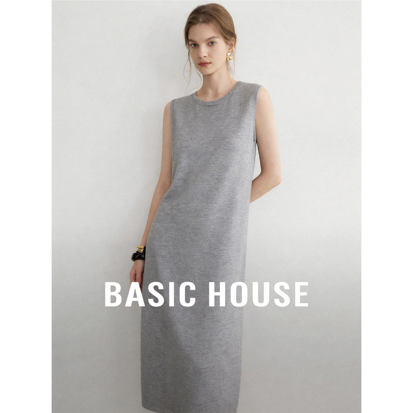 Basic House/百家好灰色圆领无袖连衣裙女夏季简约中长款透气长裙
