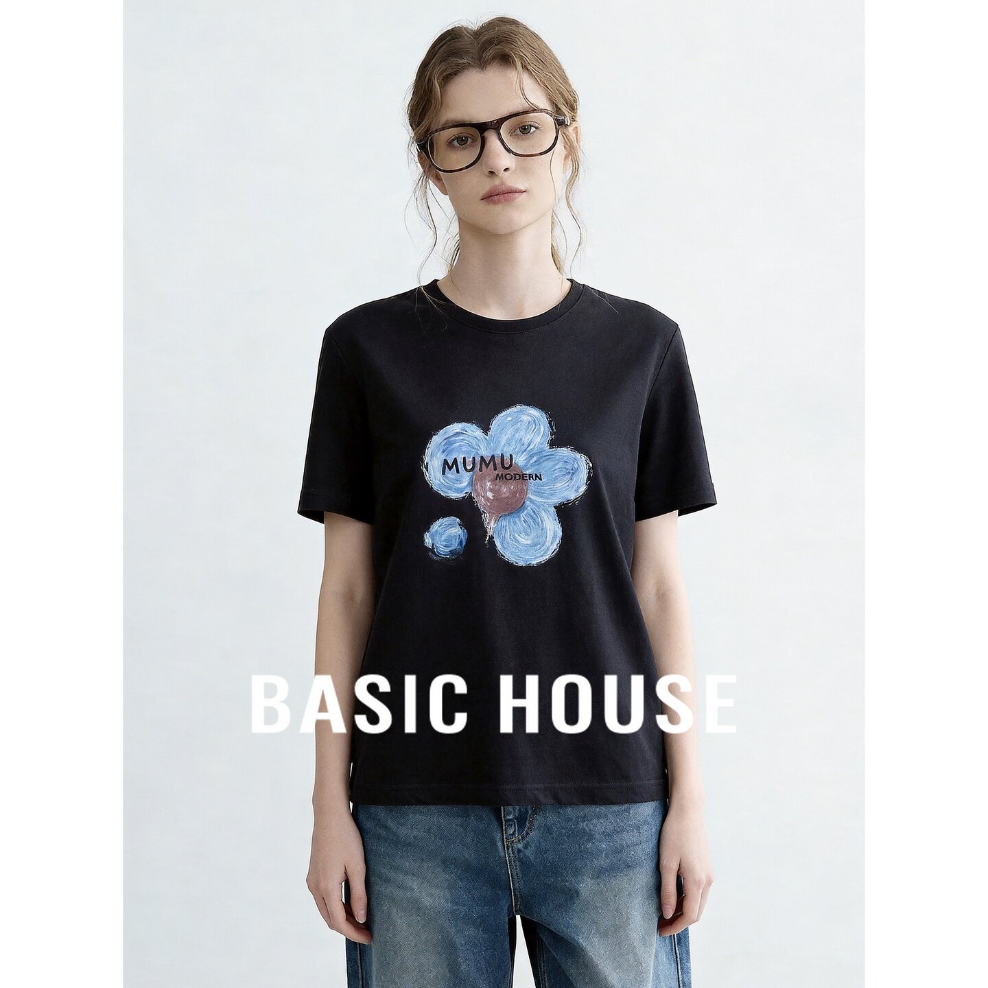 Basic House/百家好圆领纯色花朵印花短袖T恤女夏棉舒适透气上衣