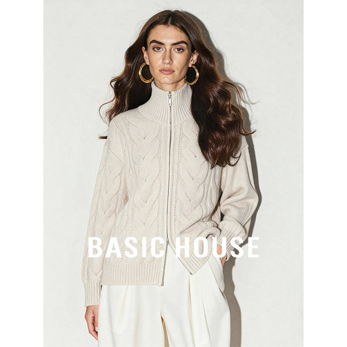 Basic House/百家好26立领双拉链绞花毛衣开衫女秋冬保暖百搭上衣
