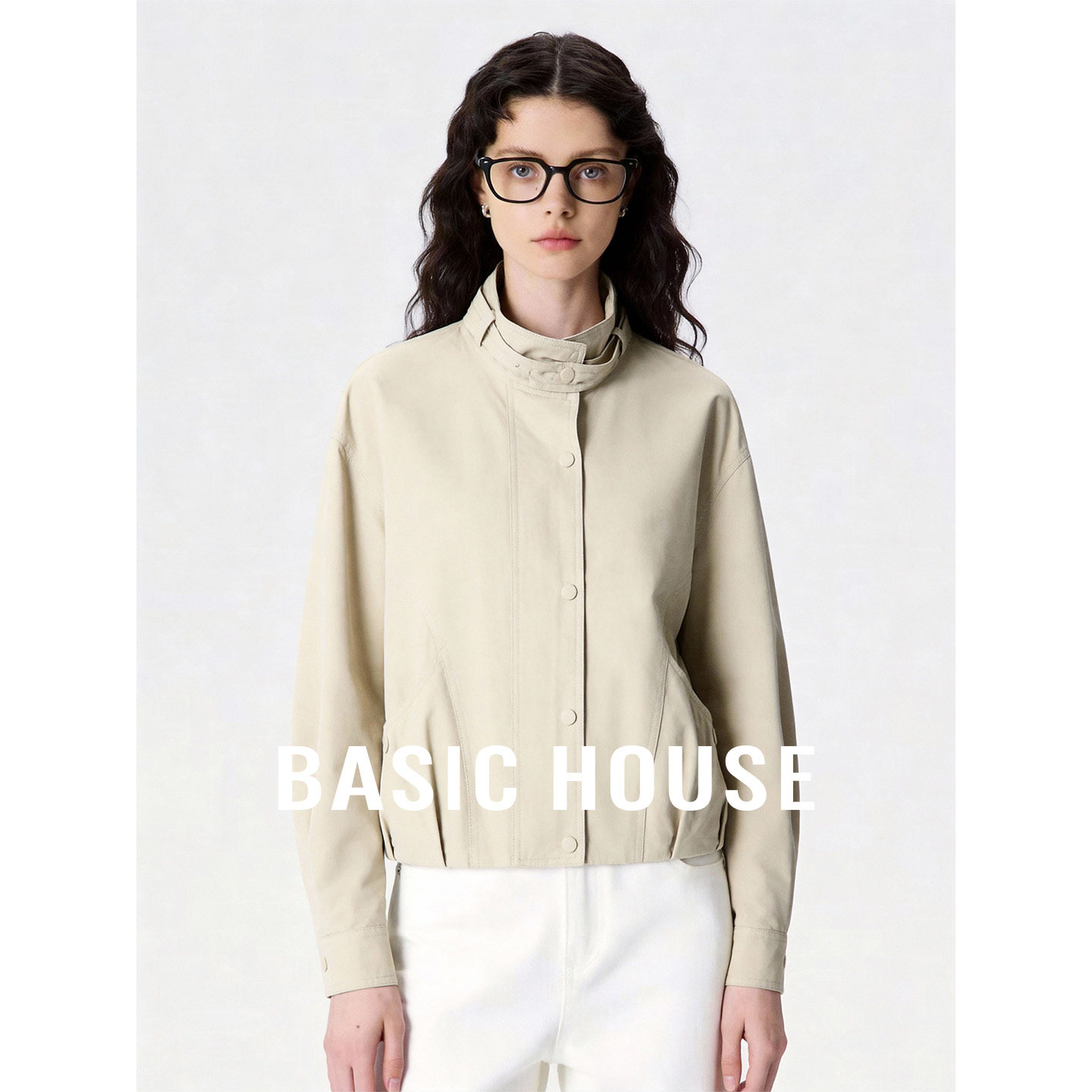 Basic House/百家好米色立领短款外套女秋季休闲宽松百搭夹克上衣