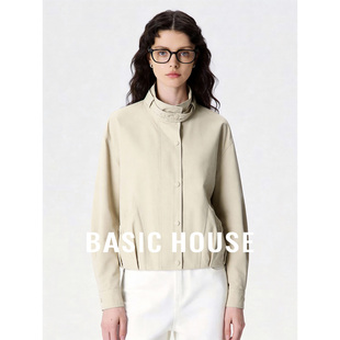 Basic House/百家好米色立领短款外套女春季休闲宽松百搭夹克上衣