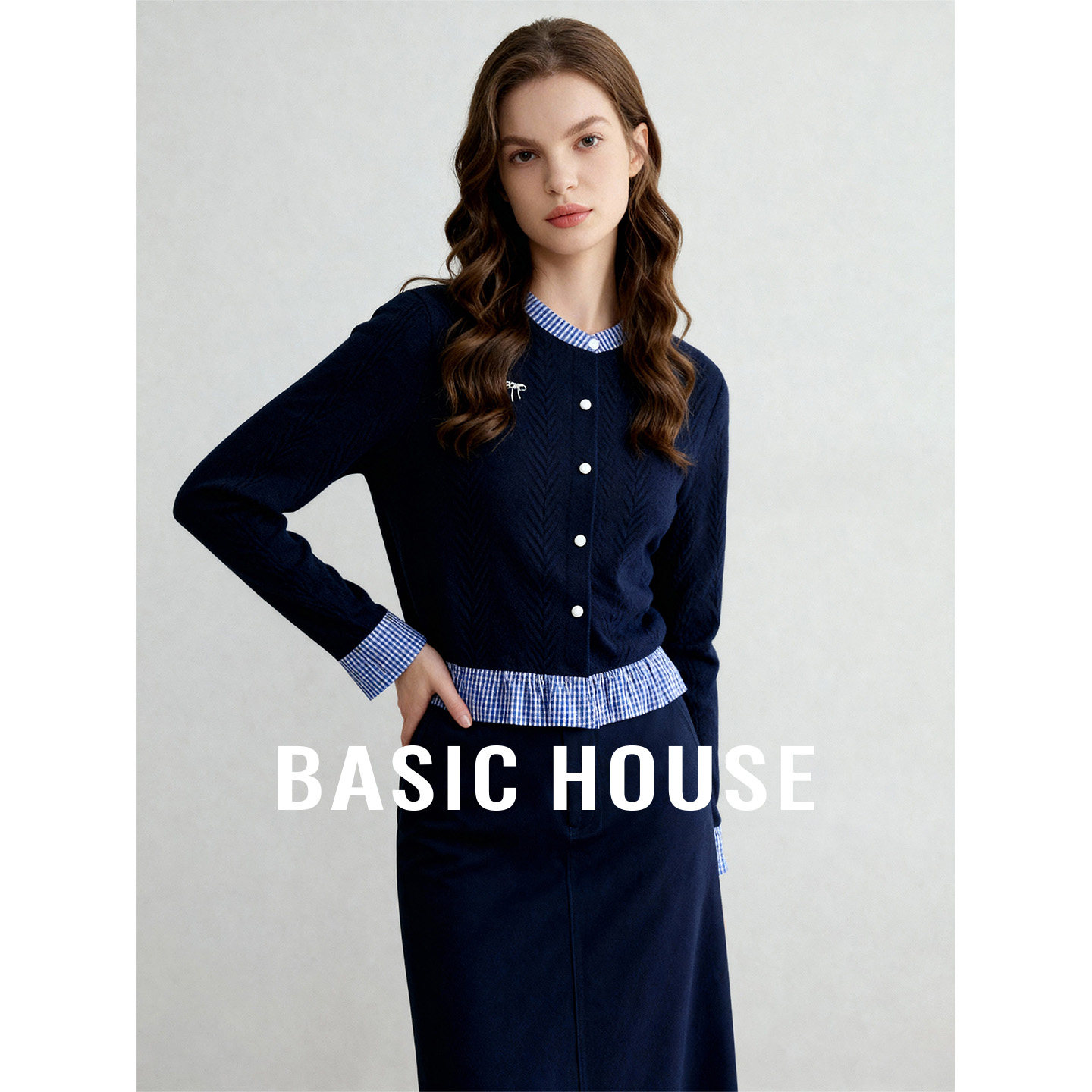Basic House/百家好秋季时尚套装格纹拼接针织衫直筒半身裙两件套