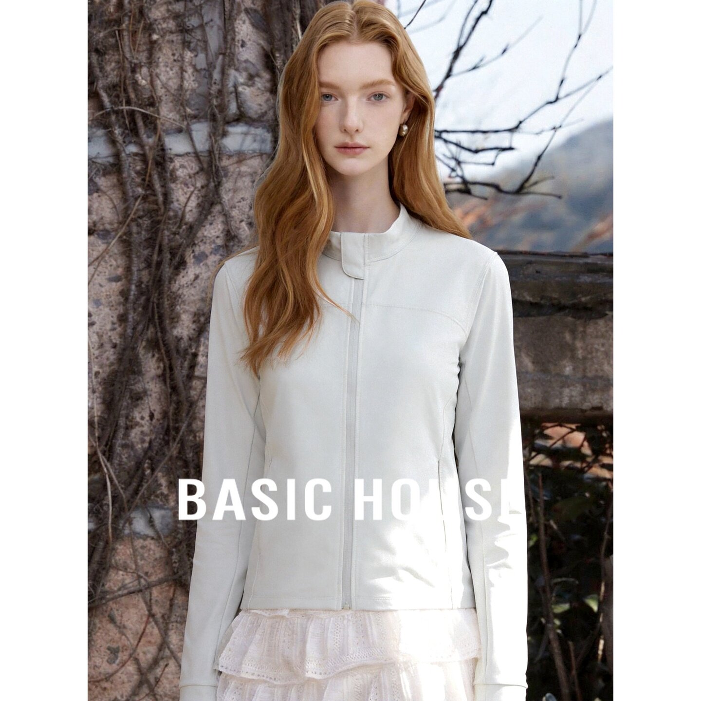 Basic House/百家好白色立领拉链防晒服女夏长袖修身短款休闲外套