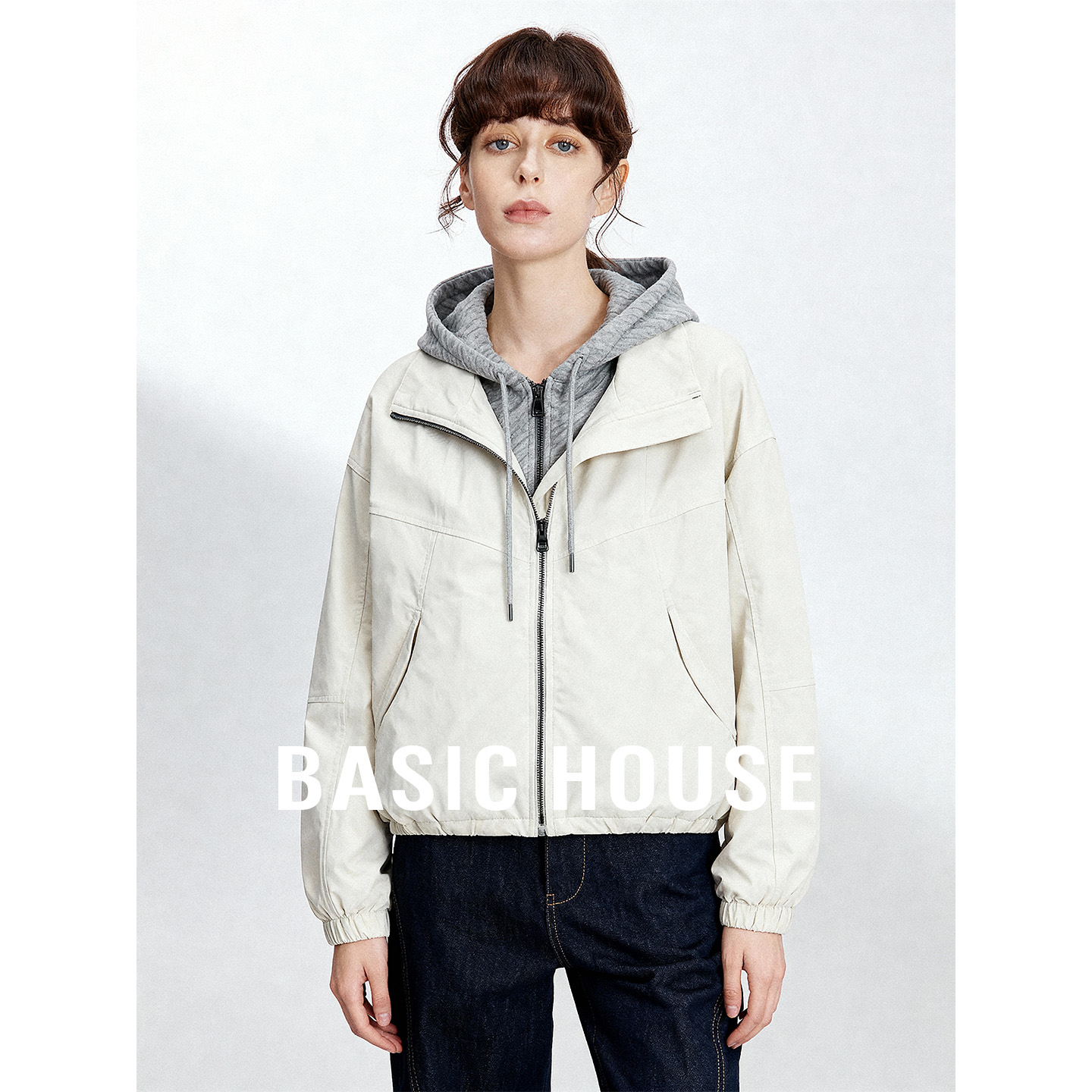 Basic House/百家好连帽抽绳假两件羽绒服女秋冬新款保暖百搭外套