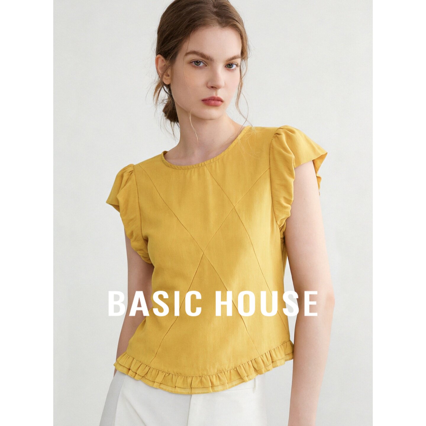 Basic House/百家好休闲风小飞袖荷叶边T恤女黄色设计感显瘦上衣