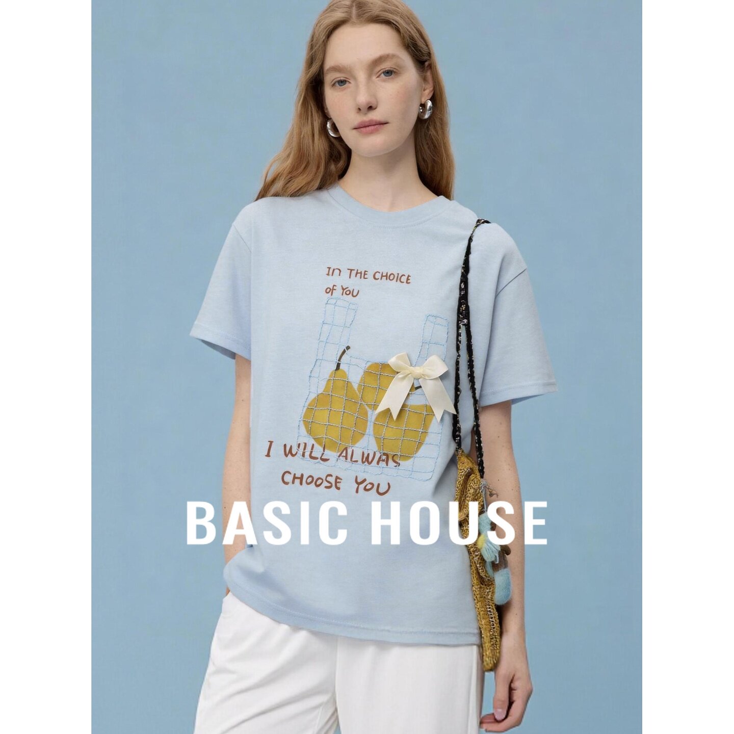 Basic House/百家好韩系减龄梨子印花短袖T恤女夏季休闲显瘦上衣