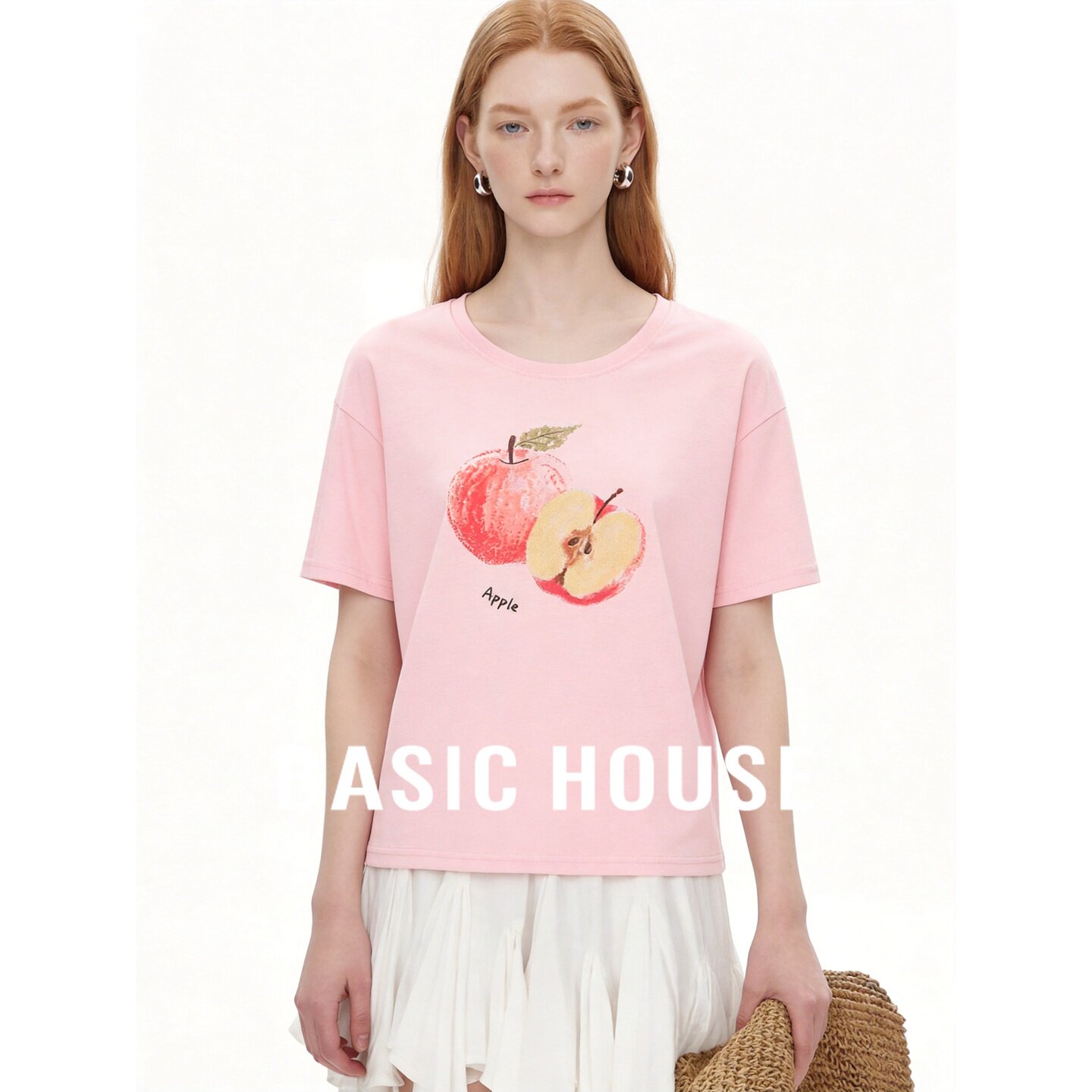 Basic House/百家好圆领棉质短袖T恤女夏季粉色苹果印花宽松上衣