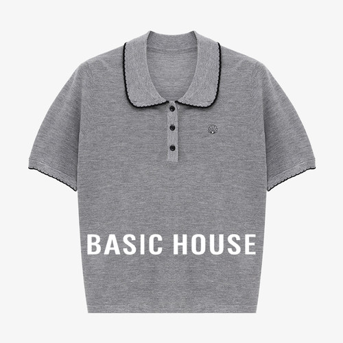 Basic House/百家好夏刚需撞色莱赛尔翻领针织衫复古轻薄柔软上衣