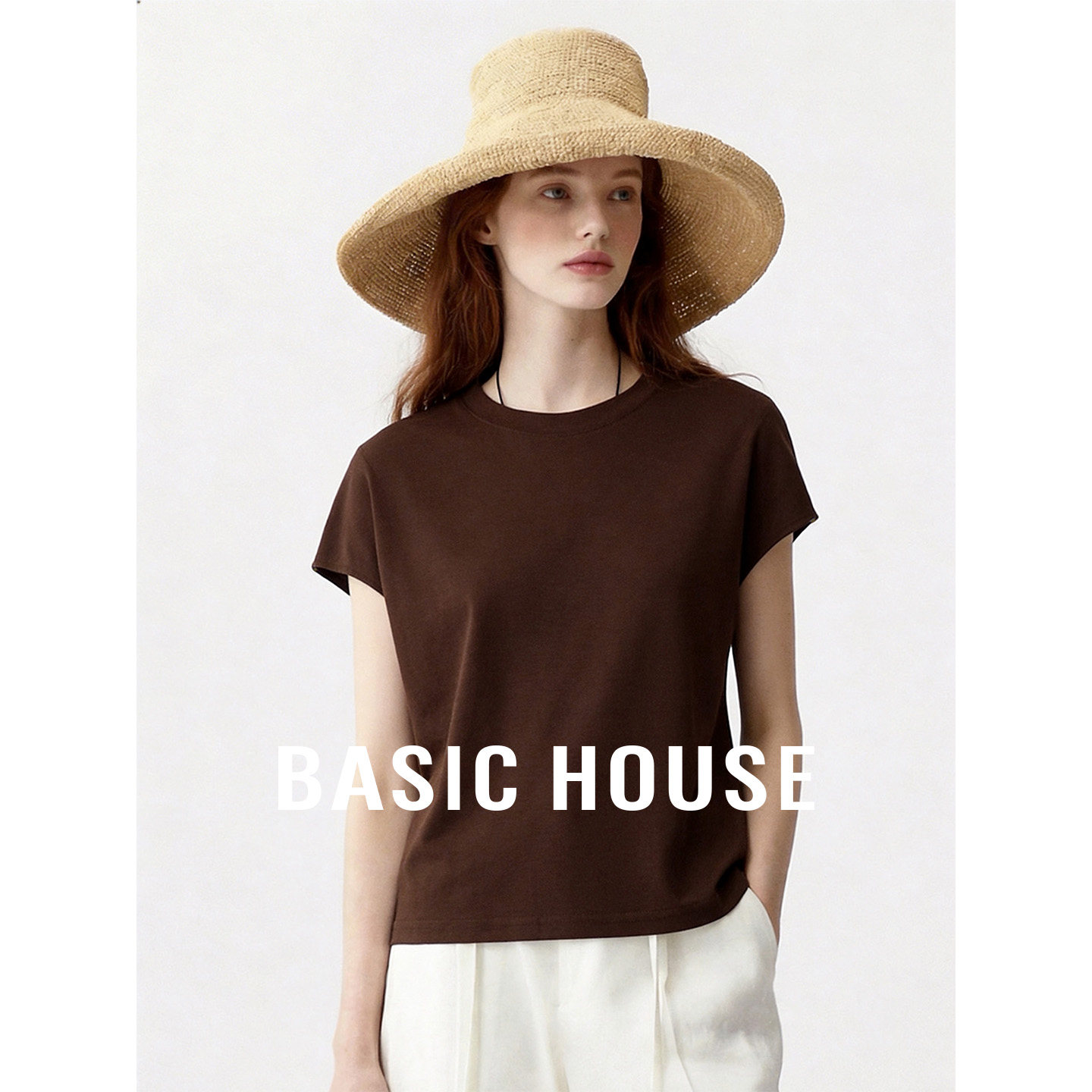Basic House/百家好莱赛尔桑蚕丝圆领短袖T恤女新款套头短款上衣