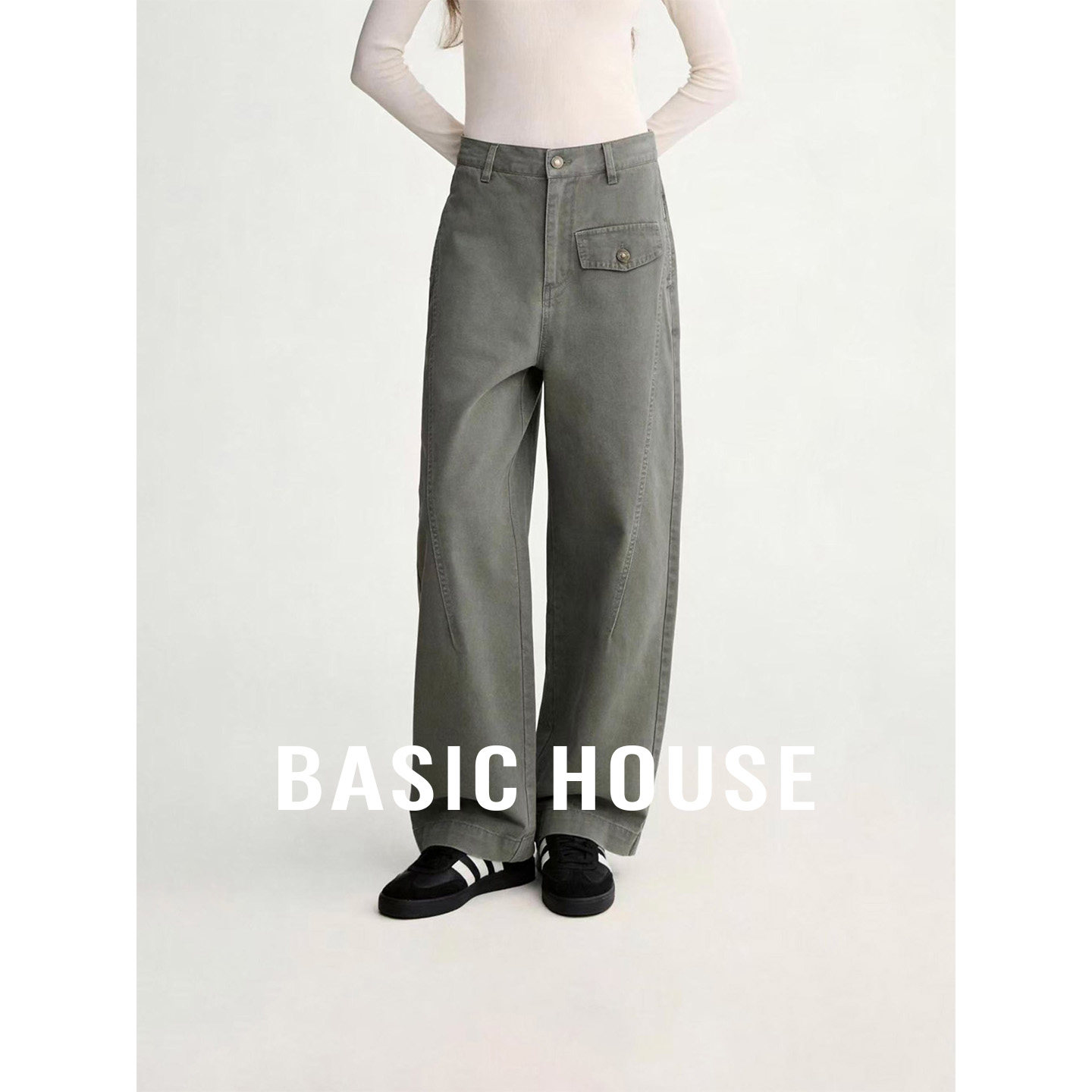 Basic House/百家好绿色运动显瘦直筒工装裤女秋季通勤休闲长裤